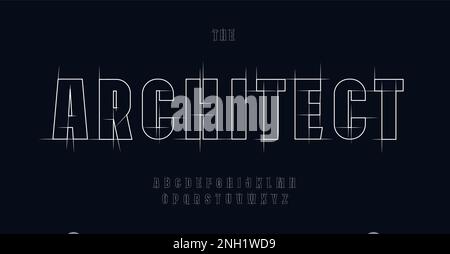 Architektenalphabet, geometrische Blaupause-Buchstaben, Bauplan-Schriftart für das technische Logo, Entwurf der Projektüberschrift, Gebäudeplan Stock Vektor