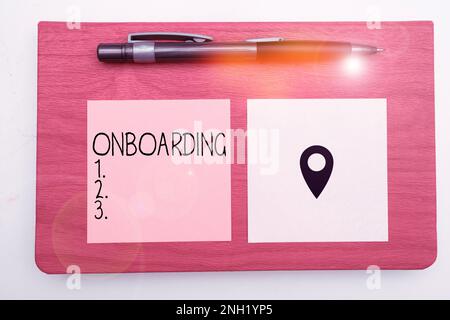 Unterschreiben Sie, dass Onboarding angezeigt wird. Ein Wort zum Aktionsprozess für die Integration eines neuen Mitarbeiters in ein Unternehmen Stockfoto