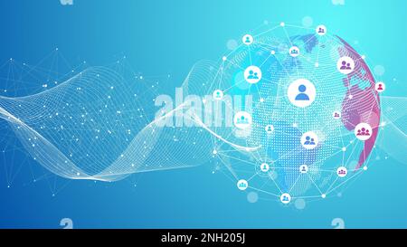 Soziale Netzwerkkommunikation in globalen Computernetzwerken. Internet-Technologie. Globales Netzwerkverbindungskonzept, Illustration. Stockfoto