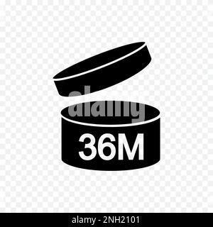 36m PAO-Symbol. 36 Monate nach Öffnen des Schilds. Becher mit dünner Linie, offenem Deckel und Nummern. Frischheitszeit des Produkts. Kosmetik, Shampoo, Make-up-Gültigkeit Stock Vektor