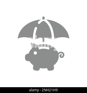 Sparschwein-Münzbank und Regenschirm-Vektorsymbol. Geld, Finanzversicherung, Füllsymbol. Stock Vektor