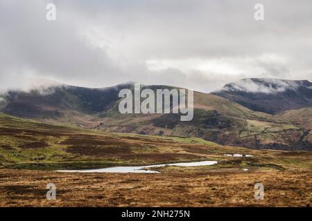 Blick nach Süden über das Nantlle Valley nach Mynydd Tal-y-mignedd auf dem Nantlle Ridge im Snowdonia National Park von Y Fron, Gwynedd, Wales, Großbritannien Stockfoto