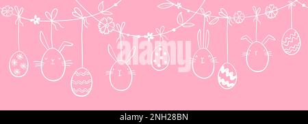 Süßes, handgezeichnetes, horizontales, nahtloses Oster-Muster mit Häschen, Blumen, ostereiern, schönem Hintergrund, ideal für Osterkarten, Banner, Textilien, Stock Vektor