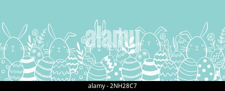 Süßes, handgezeichnetes, horizontales, nahtloses Oster-Muster mit Häschen, Blumen, ostereiern, schönem Hintergrund, ideal für Osterkarten, Banner, Textilien, Stock Vektor
