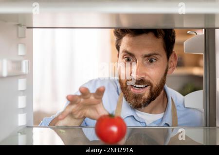 Lächelnder, hungriger, gutaussehender, erwachsener, weißer Mann mit Bart holt Tomaten aus dem Kühlschrank Stockfoto