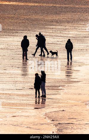 Abendlicht, das Menschen am Fistral Beach bei Ebbe in Newquay in Cornwall in Großbritannien umhüllt. Stockfoto