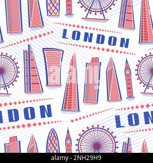 Vector London Seamless Pattern, sich wiederholender Hintergrund mit Abbildung der roten europäischen stadtlandschaft londons auf weißem Hintergrund für Geschenkpapier und Dekor Stock Vektor