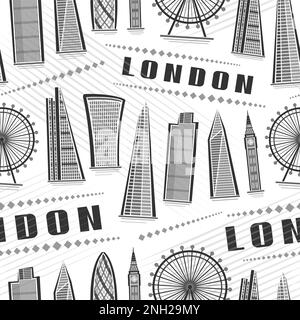 Vector London Seamless Pattern, quadratischer, wiederholter Hintergrund mit Abbildung der europäischen londoner Stadtlandschaft auf weißem Hintergrund für Geschenkpapier und Dekor Stock Vektor