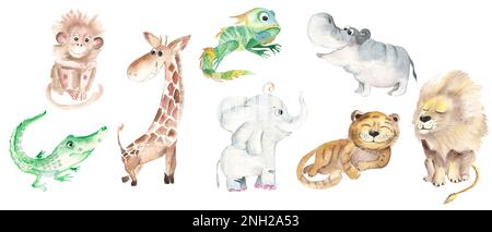 Safari Tiere für Kinder. Großes Set. Süße afrikanische Tiere isoliert auf weißem Hintergrund. Handgezeichnete Aquarell-Illustration. Stockfoto