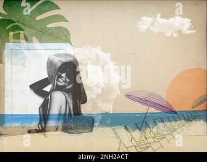 Sommerurlaub am Strand, Vintage-Collage-Poster mit wunderschönem Porträt junger Frauen Stockfoto