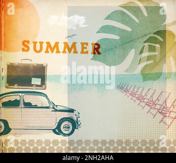 Sommerurlaub Collage im Retro-Stil mit Oldtimer und Strand Stockfoto