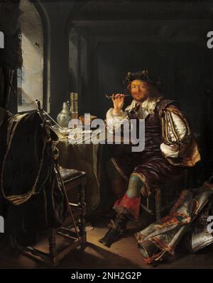 Frans van Mieris, Ein Soldat, der eine Pfeife raucht. 1657/1658 Stockfoto