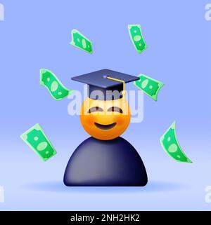 3D Happy Emoticon in Graduate Cap in Dollar Stock Vektor