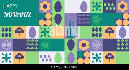 Postkarte mit Novruz Holiday. Hintergrundvorlage für Novruz Bayram. Frühlingsblumen, bemalte Eier und Weizenkeime. Geometrisches Mosaik. Festliches Banner. Vektor Stock Vektor