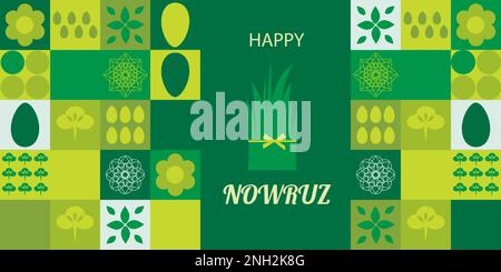 Postkarte mit Novruz Holiday. Hintergrundvorlage für Novruz Bayram. Frühlingsblumen, bemalte Eier und Weizenkeime. Geometrisches Mosaik. Festliches Banner. Stock Vektor