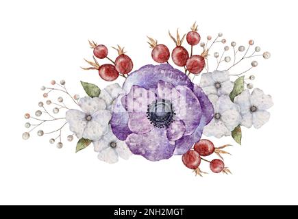 Aquarell Boho Anemone Blumen, Blätter, Äste und Beeren Halloween Design. Hexenabbildung isoliert auf weißem Hintergrund für Karte, Einladung Stockfoto