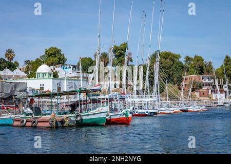Felukenfahrt auf dem Nil in Assuan. Beliebtes Tourist Segelboot auf dem Nil. Assuan, Ägypten. Afrika. Stockfoto