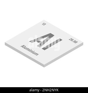 Isometrische 3D-Darstellung des Periodenelements in Aluminium, Al und Grau mit Name, Symbol, Atomzahl und Gewicht. Leichtes Metall, das aufgrund seiner Festigkeit und Korrosionsbeständigkeit häufig in der Bau-, Verpackungs- und Transportindustrie verwendet wird. Stock Vektor