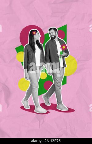 Composite-Fotocollage von zwei Menschen, die eine Geschichte lieben, die Straßenhände, ihr Freund und ihr Freund verbringen das Blumenwochenende isoliert auf pinkfarbenem Hintergrund Stockfoto