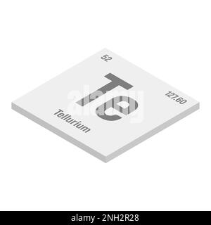Isometrische Darstellung von Tellur, Te, grau 3D des Periodenelements mit Name, Symbol, Atomzahl und Gewicht. Metalloid mit verschiedenen industriellen Verwendungen, z. B. in bestimmten Glasarten, Solarzellen und als Bestandteil in bestimmten Arten von Medikamenten. Stock Vektor