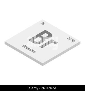 Isometrische 3D-Darstellung des Periodenelements in Brom, Br, Grau mit Name, Symbol, Atomzahl und Gewicht. Halogen für verschiedene industrielle Anwendungen, z. B. in Flammschutzmitteln, Wasseraufbereitung und als Begasungsmittel in der Landwirtschaft. Stock Vektor