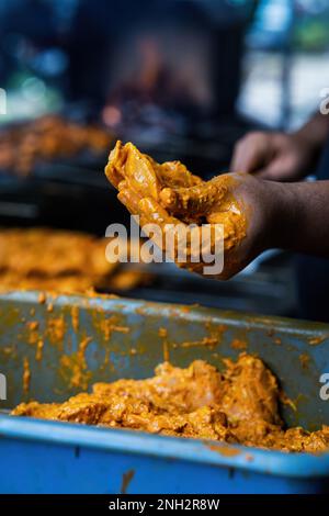 Ich bereite den Hähnchen-Spieß-Kebab-Grill mit marinierten Gewürzen vor. Traditionelles indisches und pakistanisches Gericht. Stockfoto