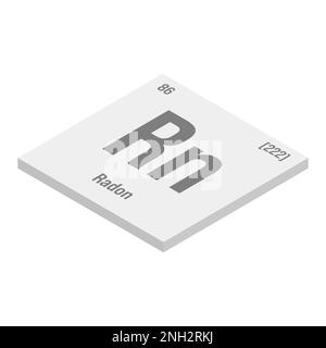 Radon, RN, graue 3D-Darstellung des Periodenelements mit Name, Symbol, Atomzahl und Gewicht. Inertgas mit radioaktiven Eigenschaften, das in der wissenschaftlichen Forschung und als Tracer bei bestimmten Versuchsarten verwendet wird. Stock Vektor