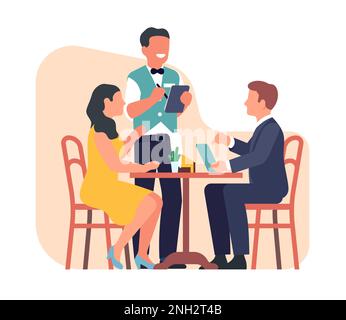 Mann und Frau sitzen am Tisch im Café und der Kellner nimmt ihre Bestellung auf. Romantische Dates. Abendessen im Restaurant. Paar am Esstisch mit Speisekarte. Familie Stock Vektor