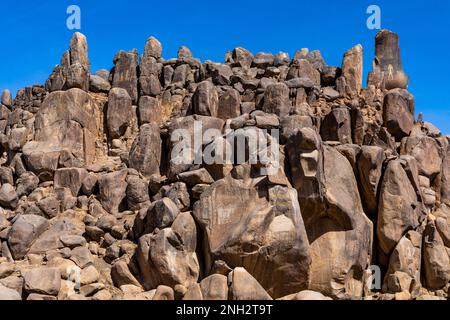 Alte Ägyptische Hieroglyphen. Assuan's Seheil Island, bekannt für die Hungersnot der Stele-Schnitzereien. Assuan. Egipt. Afrika. Stockfoto