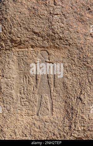 Alte Ägyptische Hieroglyphen. Assuan's Seheil Island, bekannt für die Hungersnot der Stele-Schnitzereien. Assuan. Egipt. Afrika. Stockfoto