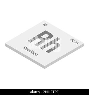 Isometrische 3D-Darstellung des Periodenelements in Rhodium, Rh, Grau mit Name, Symbol, Atomzahl und Gewicht. Übergangsmetalle mit verschiedenen industriellen Verwendungszwecken, z. B. in Katalysatoren, Schmuck und als Bestandteil bestimmter Glasarten. Stock Vektor