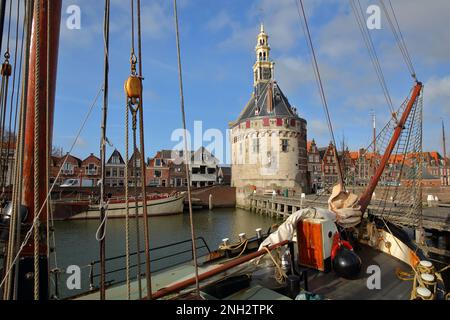 Der Hafen (Binnenhaven) von Hoorn, Westfriesland, Niederlande, mit dem Hoofdtoren (der Hauptturm) und alten hölzernen Segelbooten Stockfoto