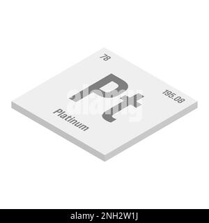 Isometrische 3D-Darstellung des Periodenelements in Platin, PT, Grau mit Name, Symbol, Atomzahl und Gewicht. Übergangsmetalle mit verschiedenen industriellen Verwendungszwecken, wie z. B. in Schmuck, Katalysatoren und als Bestandteil bestimmter medizinischer Geräte. Stock Vektor