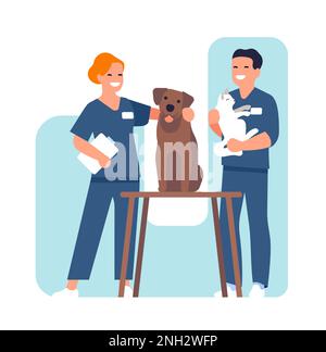 Tierklinik. Glückliche Tierärzte. Mann und Frau, die sich um Tiere kümmern. Mitarbeiter der Tierklinik mit Katze und Hund. Haustieruntersuchung. Kitty und Stock Vektor