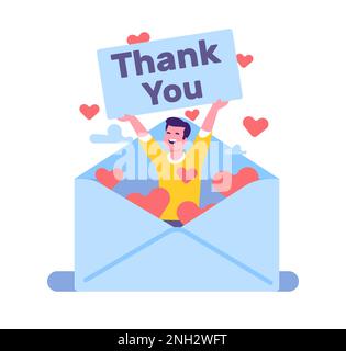 Dankesbrief und Mann mit Dankesbrief. Dankbare Leute. Glücklicher Mann, der im Umschlag steht. Person, die ein Banner mit dankbaren Worten zeigt. Begrüßung Stock Vektor