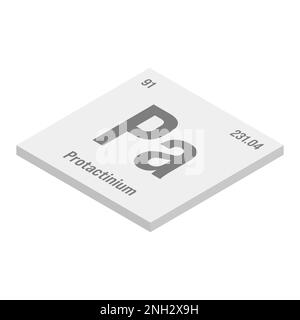 Protactinium, Pa, graue 3D-Darstellung des Elements der Periodentabelle mit Name, Symbol, Atomzahl und Gewicht. Synthetisches radioaktives Element mit Einsatzmöglichkeiten in der wissenschaftlichen Forschung und der Kernenergie. Stock Vektor