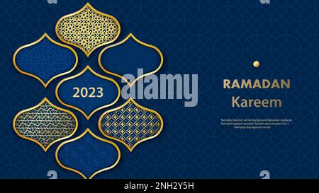Ramadan Kareem Poster. Islamische Postkarte, Poster, Bannervorlage. Modernes Design mit geometrischen Mustern und traditionellen Mustern in Blau, Gold und Lila Stock Vektor