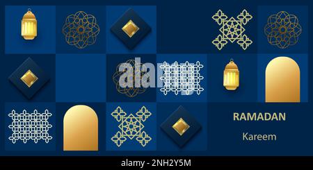 Ramadan Kareem Poster. Islamische Postkarte, Bannervorlage. Modernes Design mit geometrischem Muster und traditionellen Ornamenten in Blau, Gold und Lila Stock Vektor