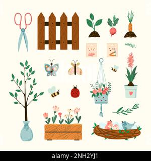 Frühjahrshaus – Illustrationsset für Gartenarbeit. Vektorpflanzen, Blumen und Vögel nisten saisonale flache Sammlung isoliert Stock Vektor