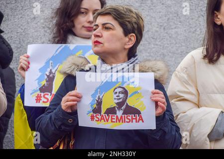 London, Großbritannien. 20. Februar 2023 Demonstranten versammelten sich auf dem Parlamentsplatz, um Micheil Saakaschwili zu unterstützen. Der ehemalige georgische Präsident verbüßt derzeit eine Gefängnisstrafe in Georgien wegen Machtmissbrauchs, und seine Gesundheit soll sich verschlechtern. Kredit: Vuk Valcic/Alamy Live News Stockfoto