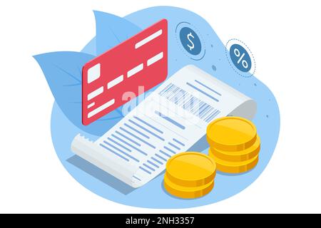 Zahlungsautomat oder POS-Terminal mit Belegen, Entwurf einer Vorlage für einen Geldautomaten, Finanzscheck in Papierform für Modellerstellung. Isometrische Online-Zahlung, Banking Stock Vektor