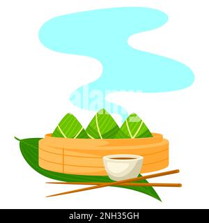 Eingewickelte Reisklöße in Dampfgarer. Urlaub in Duanwu. Traditionelles Essen beim Chinese Dragon Boat Festival. Stock Vektor