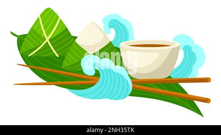 Eingepackte Reisklöße. Urlaub in Duanwu. Traditionelles Essen beim Chinese Dragon Boat Festival. Stock Vektor