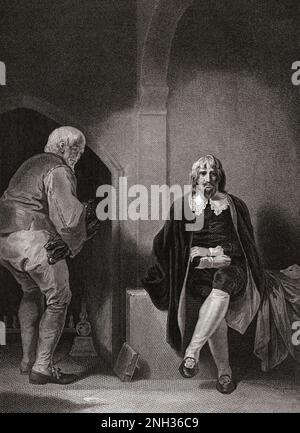 König Karl I. während seiner vierzehnmonatigen Haft in Carisbrook Castle auf der Isle of Wight. Charles I, 1600-1649. König von England, Schottland und Irland. Nach einem Aufdruck von George Noble aus einem Werk von Robert Smirke, das ursprünglich in der historischen Galerie von Robert Bowyer, die zwischen 1793 und 1806 veröffentlicht wurde, zu sehen war. Stockfoto