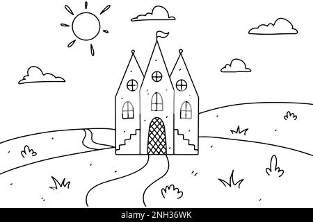 Landschaften mit Schloss, Sonne und Wolken im handgezeichneten Doodle-Stil. Malseite Stock Vektor