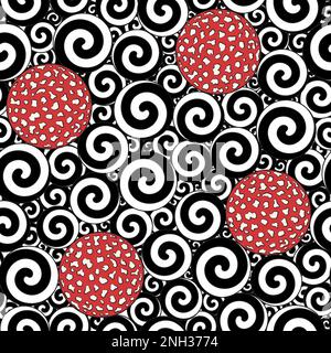 Nahtloses Muster mit schwarz-weißen Wirbeln und Kappen aus Fliegenpilzen. Farbvektorhintergrund. Stock Vektor