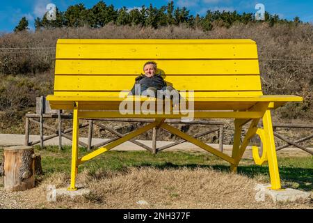 Ein weißer Mann mittleren Alters sitzt auf einer riesigen gelben Bank, umgeben von Natur Stockfoto