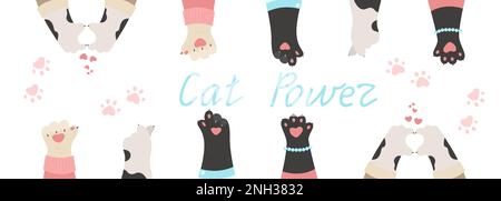 Horizontales Banner mit Katzenpfoten, Fingergesten am Herzen, flache Vektordarstellung. Komische Tierpfoten Stock Vektor