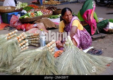 30. Januar 2023, indische Frau, die Besen auf dem Phaltan Market verkauft, traditionell hergestellt aus natürlichen Elementen, Maharashtra, Indien. Stockfoto