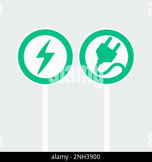 Straßenschild einer Ladestation für Elektrofahrzeuge in einem grünen Kreis. Verkehrszeichen mit Vorrang für Elektrofahrzeuge. Stock Vektor